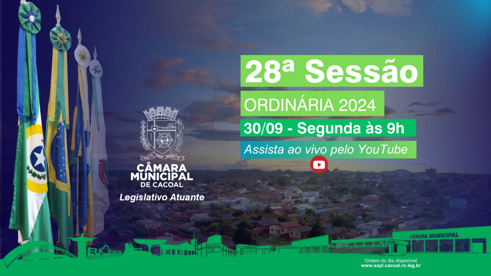 A Câmara Municipal de Cacoal convida você para a 28ª Sessão Ordinária de 2024 da 42ª Sessão Legislativa da 10ª Legislatura!