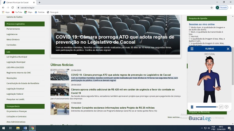 ACESSIBILIDADE: Atendendo pedido do presidente, Portal da Câmara de Cacoal passa a contar com tradução em Libras