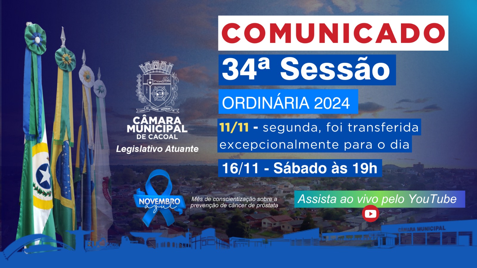 Sessão Ordinária da Câmara de Cacoal é Transferida para o Dia 16 de Novembro